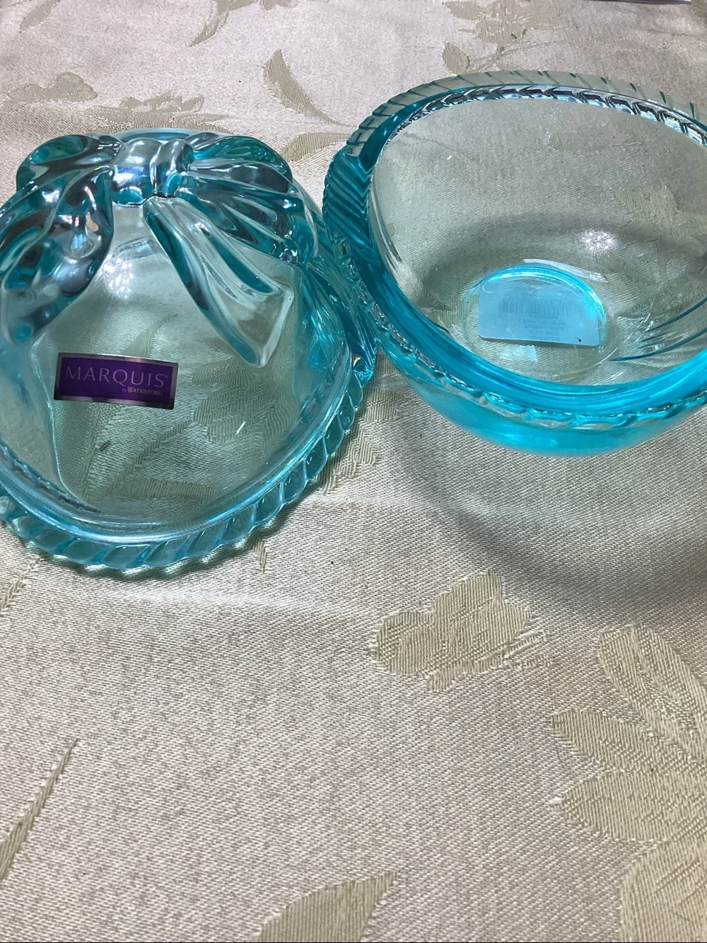Marquise by Waterford Turquoise Glass Trinket Box with Bow Motif